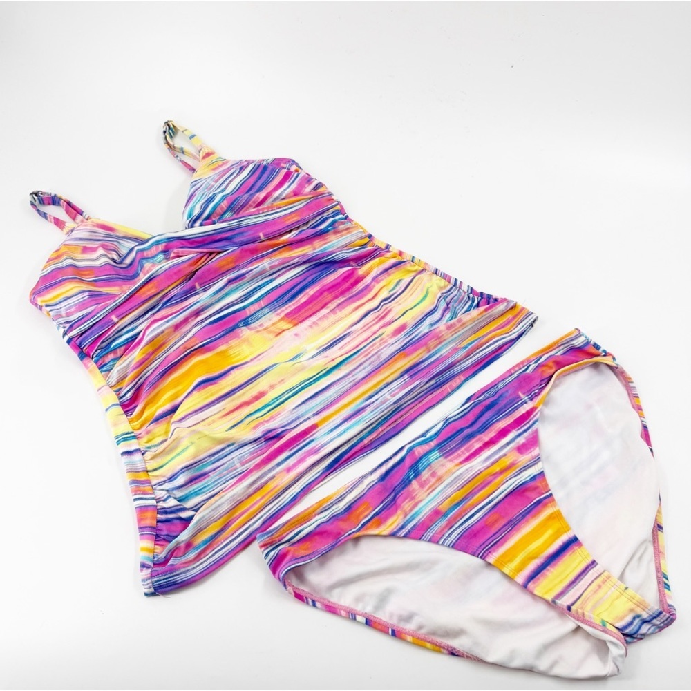 ✅ Lauren Ralph Lauren Pink Multi Summer Tie-Dye Striped Surplice Tankini Top‎ 8